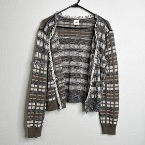 Cabi Cardigan Sweater Jacket Open Front Fringe Plaid Brown Size Medium